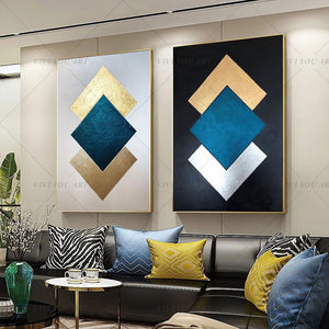   100% Hand Painted Gold Blue Geometry Abstract Painting  Modern Art Picture For Living Room Modern Cuadros Canvas Art High Quality
