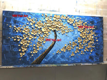 Load image into Gallery viewer,   100% Hand Painted   Blue Golden lucky tree modern canvas painting in living room dining room bedroom interior wall art hand painted oil painting