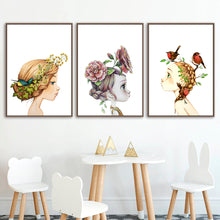 Load image into Gallery viewer, Abstract Cute Girl Flower Bird Nursery Wall Art Canvas Painting Nordic Posters And Prints Wall Pictures Baby Kids Room Decor - SallyHomey Life's Beautiful
