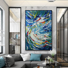 Load image into Gallery viewer,   100% Hand Painted Modern Blue Fishes Lucky Canvas Painting Picture 100% Handmade Painting for Living Room Wall Art Decoration Bedroom Home Decor