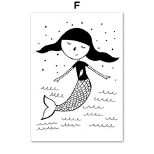 Load image into Gallery viewer, Girl Mermaid Black White Scandinavian Nursery Wall Art Canvas Painting Nordic Posters And Prints Wall Pictures Kids Room Decor - SallyHomey Life's Beautiful