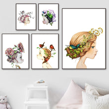 Load image into Gallery viewer, Abstract Cute Girl Flower Bird Nursery Wall Art Canvas Painting Nordic Posters And Prints Wall Pictures Baby Kids Room Decor - SallyHomey Life's Beautiful