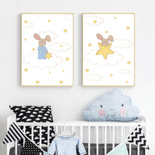 Load image into Gallery viewer, Kawaii Bunny Moon Nursery Wall Art Canvas Poster and Print Yellow Cartoon Painting Decoration Picture Nordic Kids Bedroom Decor - SallyHomey Life's Beautiful