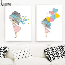 Load image into Gallery viewer, Cartoon Girl Straw Hat Balloon Rabbit Wall Art Canvas Painting Nordic Posters And Prints Wall Pictures Kids Room Nursery Decor - SallyHomey Life's Beautiful