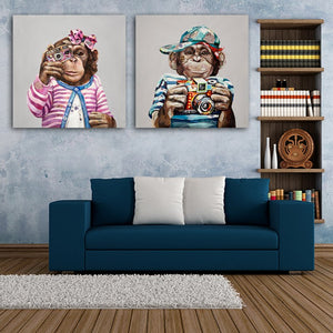 Modern Abstract Shooting Monkey in Colorful Clothes Cartoon Canvas Painting Animals Funny - SallyHomey Life's Beautiful