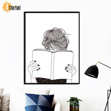 Load image into Gallery viewer, Quiet Girl Book Black White Hand Painted Wall Art Canvas Painting Nordic Posters And Prints Wall Pictures For Living Room Decor - SallyHomey Life's Beautiful