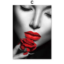 Load image into Gallery viewer, Fashion Sexy Girl Red Lips Feather Wall Art Canvas Painting Nordic Posters And Prints Wall Pictures For Living Room Salon Decor - SallyHomey Life's Beautiful