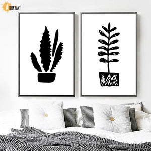 Plant Cactus Leaves Wall Art Canvas Painting Black And White Posters And Prints Wall Pictures Paintings For Living Room Wall - SallyHomey Life's Beautiful