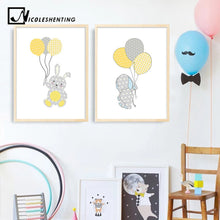 Load image into Gallery viewer, Bunny Elephant Balloon Wall Art Canvas Painting Cartoon Nursery Posters Prints Nordic Kids Decoration Picture Baby Bedroom Decor - SallyHomey Life's Beautiful
