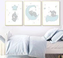 Load image into Gallery viewer, Baby Nursery Wall Art Canvas Print Cartoon Blue Elephant Poster Painting Decorative Picture Nordic Kids Boys Bedroom Decoration - SallyHomey Life's Beautiful