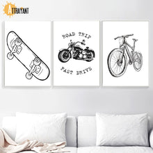 Load image into Gallery viewer, Bike motorcycle Skateboard Nordic Posters And Prints Wall Art Canvas Painting Black White Cartoon Wall Pictures Kids Room Decor - SallyHomey Life's Beautiful