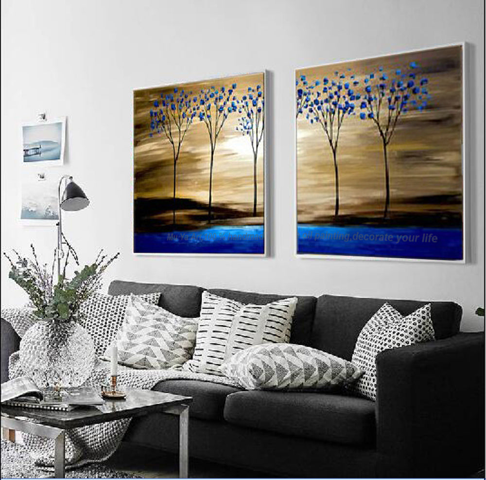 Decorative panels oil painting on canvas handmade blue tree tableaux p –  SallyHomey Life's Beautiful