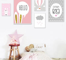 Load image into Gallery viewer, Baby Girl Nursery Wall Art Canvas Poster Print Pink Cartoon Rabbit Balloon Painting Nordic Decoration Picture Kids Bedroom Decor - SallyHomey Life's Beautiful