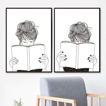 Load image into Gallery viewer, Quiet Girl Book Black White Hand Painted Wall Art Canvas Painting Nordic Posters And Prints Wall Pictures For Living Room Decor - SallyHomey Life's Beautiful