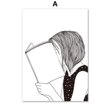Load image into Gallery viewer, Girl Portrait Book Minimalist Black White Wall Art Print Canvas Painting Nordic Posters And Prints Wall Pictures For Living Room - SallyHomey Life's Beautiful