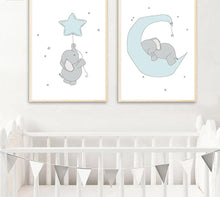 Load image into Gallery viewer, Baby Nursery Wall Art Canvas Print Cartoon Blue Elephant Poster Painting Decorative Picture Nordic Kids Boys Bedroom Decoration - SallyHomey Life's Beautiful