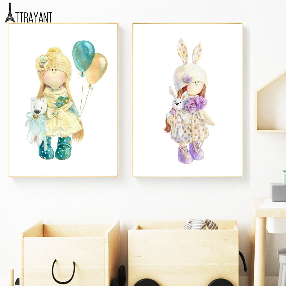 Colorful Cartoon Girl  Balloon Rabbit Wall Art Canvas Painting Nordic Posters And Prints Wall Pictures Kids Room Nursery Decor - SallyHomey Life's Beautiful