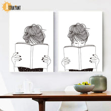Load image into Gallery viewer, Quiet Girl Book Black White Hand Painted Wall Art Canvas Painting Nordic Posters And Prints Wall Pictures For Living Room Decor - SallyHomey Life's Beautiful