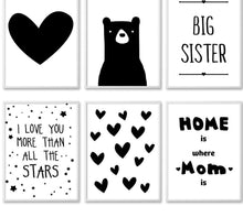 Load image into Gallery viewer, Kawaii Black White Bear Heart Cartoon Wall Art canvas Posters Nursery Print Nordic Style Painting Picture Children Room Decor - SallyHomey Life's Beautiful