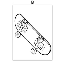 Load image into Gallery viewer, Bike motorcycle Skateboard Nordic Posters And Prints Wall Art Canvas Painting Black White Cartoon Wall Pictures Kids Room Decor - SallyHomey Life's Beautiful