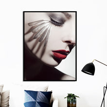 Load image into Gallery viewer, Fashion Sexy Girl Red Lips Feather Wall Art Canvas Painting Nordic Posters And Prints Wall Pictures For Living Room Salon Decor - SallyHomey Life's Beautiful