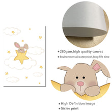 Load image into Gallery viewer, Kawaii Bunny Moon Nursery Wall Art Canvas Poster and Print Yellow Cartoon Painting Decoration Picture Nordic Kids Bedroom Decor - SallyHomey Life's Beautiful