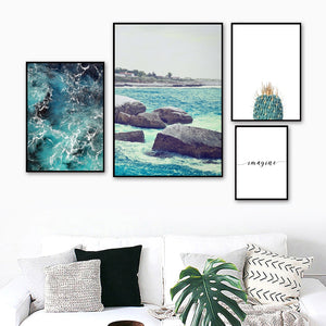 Sea Wave Stone Cactus Quote Landscape Wall Art Canvas Painting Nordic Posters And Prints Wall Pictures For Living Room Decor - SallyHomey Life's Beautiful