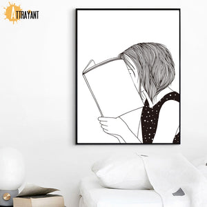 Girl Portrait Book Minimalist Black White Wall Art Print Canvas Painting Nordic Posters And Prints Wall Pictures For Living Room - SallyHomey Life's Beautiful