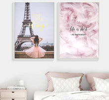 Load image into Gallery viewer, Eiffel Tower Girl Wall Art Canvas Fashion Poster Pink City Landscape Print Painting Nordic Decoration Picture Living Room Decor - SallyHomey Life's Beautiful
