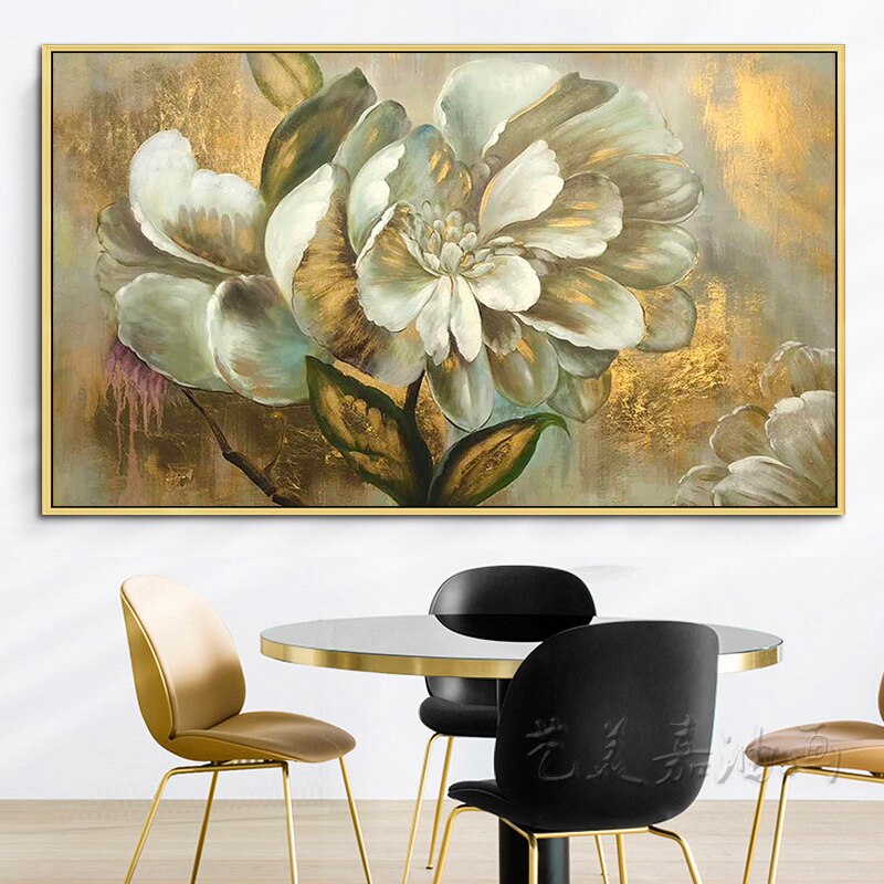 Large Gold Flower Wall Art, Floral Painting, Gold Leaf Painting