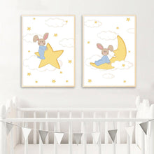 Load image into Gallery viewer, Kawaii Bunny Moon Nursery Wall Art Canvas Poster and Print Yellow Cartoon Painting Decoration Picture Nordic Kids Bedroom Decor - SallyHomey Life's Beautiful