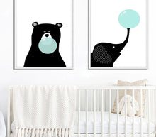Load image into Gallery viewer, Black White Bear Elephant Bubble Wall Art Canvas Poster Cartoon Animal Nursery Print Painting Nordic Picture Kid Room Decoration - SallyHomey Life's Beautiful