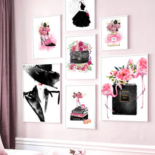 Load image into Gallery viewer, Perfume Flower Book High Heels Bag Girl  Wall Art Canvas Painting Nordic Posters And Prints Wall Pictures For Living Room Decor - SallyHomey Life's Beautiful