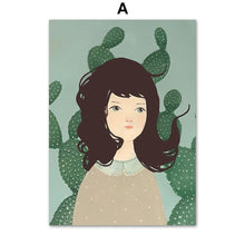Load image into Gallery viewer, Cartoon Girl Flower Cactus Plant Nursery Wall Art Canvas Painting Nordic Posters And Prints Wall Pictures For Living Room Decor - SallyHomey Life's Beautiful