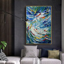 Load image into Gallery viewer,   100% Hand Painted Modern Blue Fishes Lucky Canvas Painting Picture 100% Handmade Painting for Living Room Wall Art Decoration Bedroom Home Decor