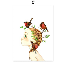 Load image into Gallery viewer, Abstract Cute Girl Flower Bird Nursery Wall Art Canvas Painting Nordic Posters And Prints Wall Pictures Baby Kids Room Decor - SallyHomey Life's Beautiful