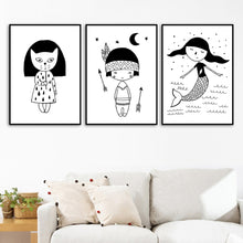 Load image into Gallery viewer, Girl Mermaid Black White Scandinavian Nursery Wall Art Canvas Painting Nordic Posters And Prints Wall Pictures Kids Room Decor - SallyHomey Life's Beautiful