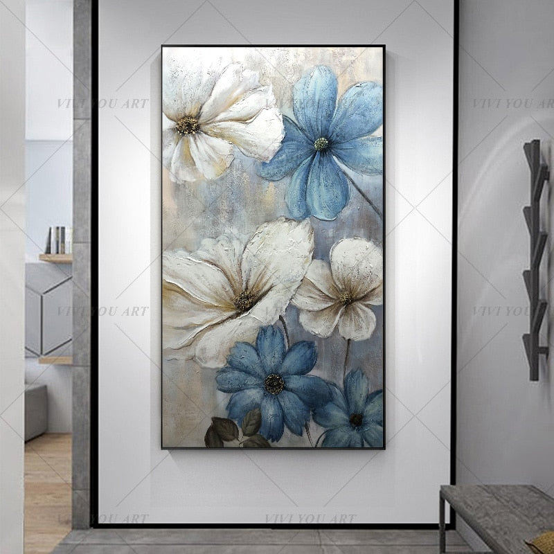 100% Hand Painted  White Blue Flowers Abstract Painting  Modern Art Picture For Living Room Modern Cuadros Canvas Art High Quality