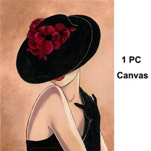 Load image into Gallery viewer, Abstract art Woman in hat with rose Handmade Oil painting Figure artwork girl modern paintings for wall decor SET OF 3 PCS