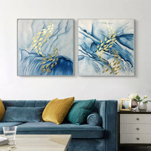 Load image into Gallery viewer, 2 Pieces Handmade Gold Fish Abstract Canvas Painting Blue Wall Art Pictures For Living Room Home Original Texture Decoration