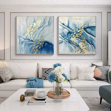Load image into Gallery viewer, 2 Pieces Handmade Gold Fish Abstract Canvas Painting Blue Wall Art Pictures For Living Room Home Original Texture Decoration