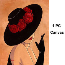 Load image into Gallery viewer, Figure art abstract Woman in black with red hat Hand painted Oil painting modern artwork for living room wall decor SET OF 3 PCS