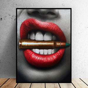 🔥Sexy Red Lips Bite Bullet and Money Modern Canvas Printing - Unframed - SallyHomey Life's Beautiful