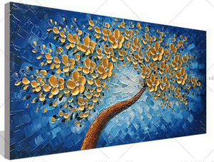 100% Hand Painted   Blue Golden lucky tree modern canvas painting in living room dining room bedroom interior wall art hand painted oil painting