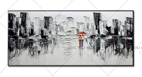   100% Hand Painted  Canvas Abstract Modern City Picture Handmade Knife Painting Buildings Oil Paintings for Living Room (No Frame)
