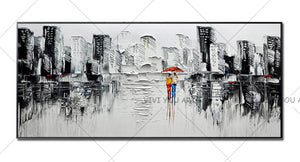 100% Hand Painted  Canvas Abstract Modern City Picture Handmade Knife Painting Buildings Oil Paintings for Living Room (No Frame)