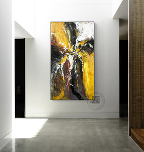 Vertical modern abstract original artwork oil painting on canvas handmade decorative pictures yellow black grey for living room - SallyHomey Life's Beautiful