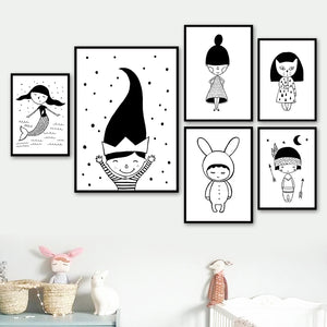 Girl Mermaid Black White Scandinavian Nursery Wall Art Canvas Painting Nordic Posters And Prints Wall Pictures Kids Room Decor - SallyHomey Life's Beautiful