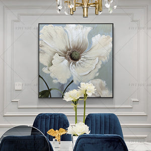100% Hand Painted  Big White Flower Abstract Modern Art Picture For Living Room Modern Cuadros Canvas Art High Quality