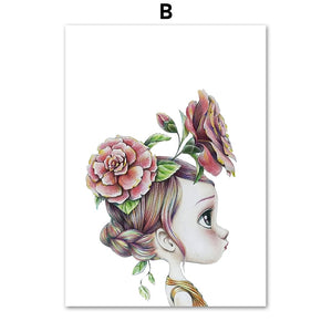 Abstract Cute Girl Flower Bird Nursery Wall Art Canvas Painting Nordic Posters And Prints Wall Pictures Baby Kids Room Decor - SallyHomey Life's Beautiful